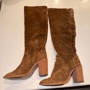 Vince Camuto Melaya Knee High Suede Boots 9.5M Cognac Chunky Block Heel